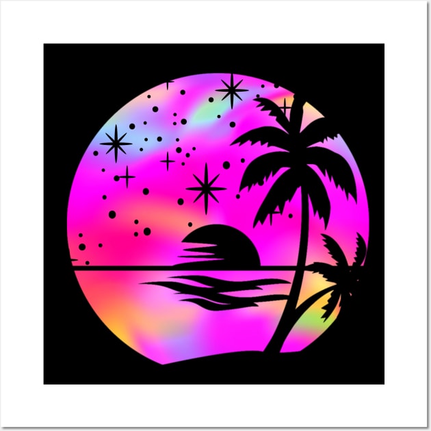 Hot Pink Holographic Rainbow Palm Trees: Ocean Beach Scene Retro Vintage Sunset Aesthetic Wall Art by ThePinkPrincessShop